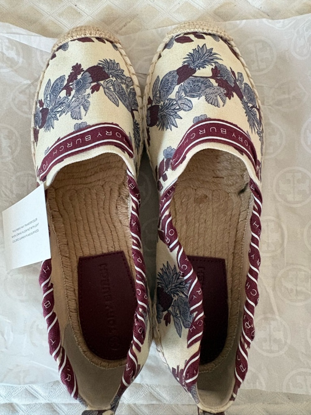 NEW Tory Burch Cream Espadrilles with Burgundy & Blue Floral Print